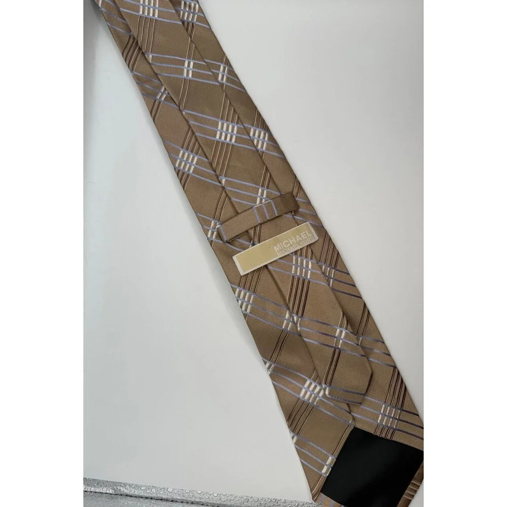 Michael Kors Mens Silk Necktie Taupe Brown Blue Plaid Check Satin Tie